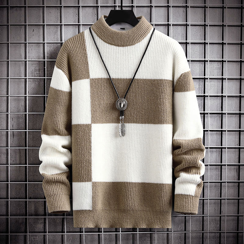 Men’s Check Pattern Knit Sweater with Mock Neck