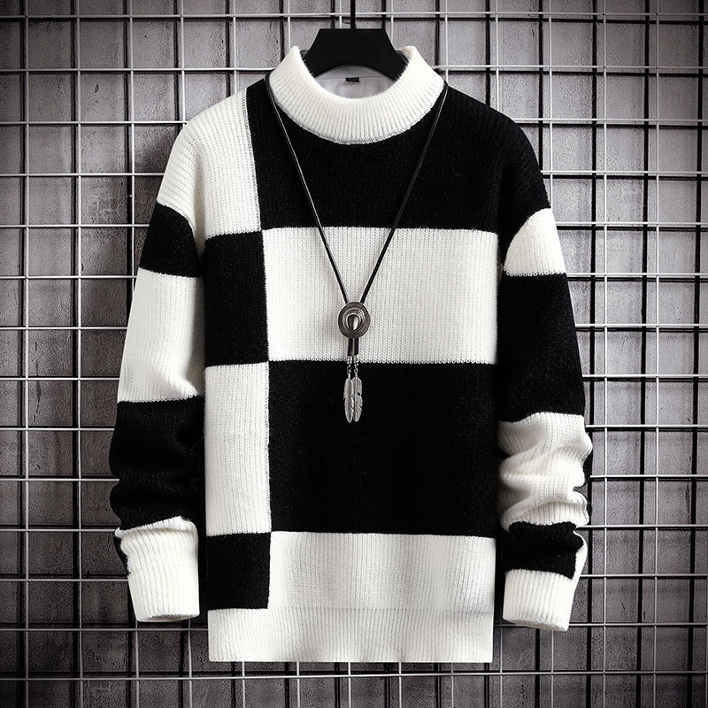 Men’s Check Pattern Knit Sweater with Mock Neck