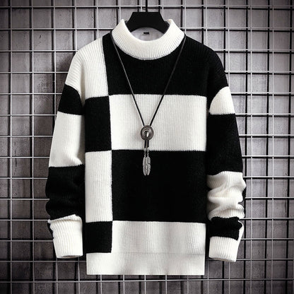Men’s Check Pattern Knit Sweater with Mock Neck