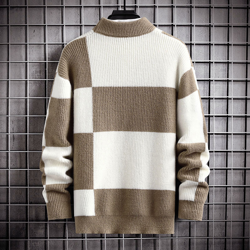 Men’s Check Pattern Knit Sweater with Mock Neck